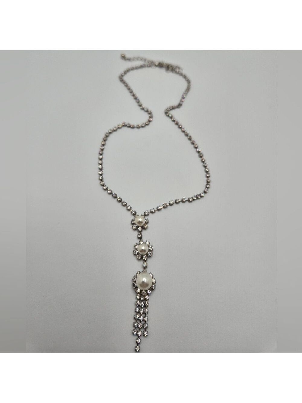 Vintage Rhinestone Faux Pearl Tassel Necklace Silver Tone Pendant 17"